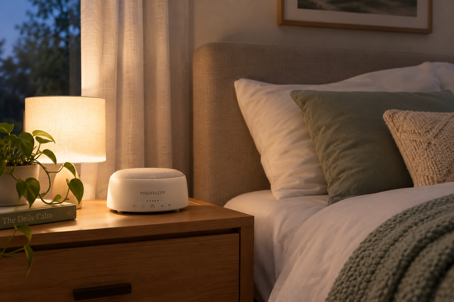 A calm bedroom with soft lighting and comfortable bedding