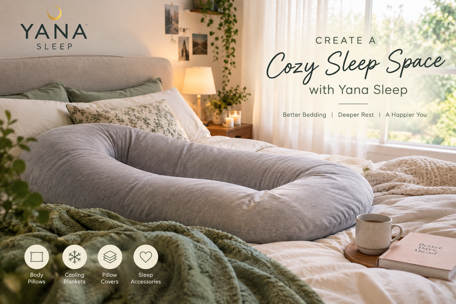 Cozy bedroom featuring a Yana Sleep body pillow, soft bedding, and a cooling blanket.